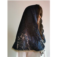 d shape women mantilla catholic veils lace navy gold appiques head covering for church latin mass traditional head scarf small