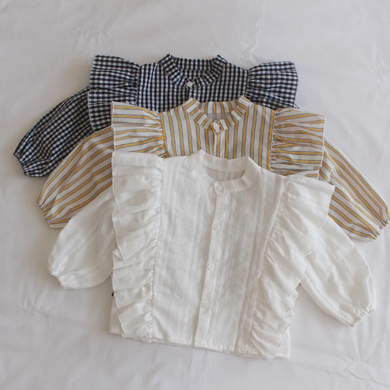 

New Autumn Baby Girls Ruffles Princess Blouses Plaid Striped Long Sleeve Tops Korean Style Toddlers Kids Clothes Infants Shirts