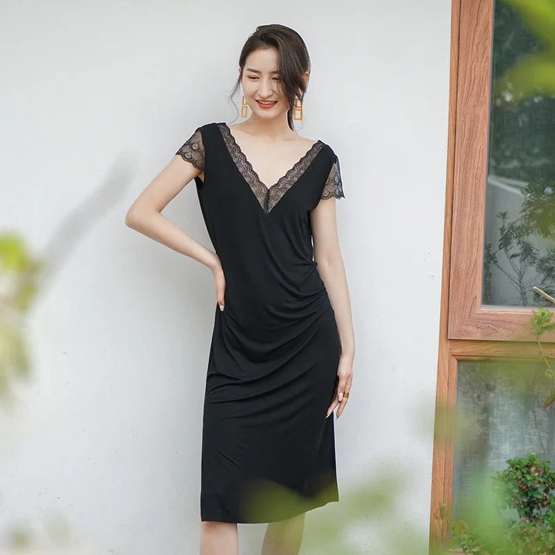 Summer Autumn Nightgown New Solid Color Modal Slim Lace V-neck Sexy Women's Nightdress Comfortable Home Clothes Lady Sleepwear