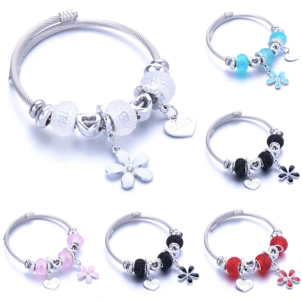 

2020 New Charm Love Flowers Stainless Steel Bracelets Bangles For Women Flower Crystal Beads Love Bracelet & Bangle Jewelry