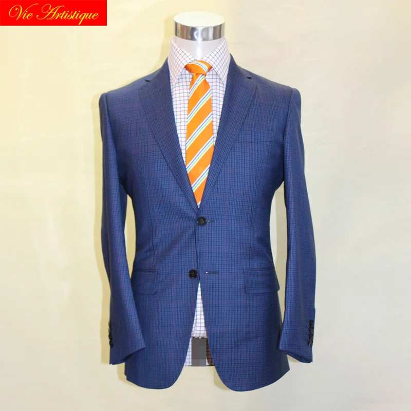 

custom tailor made Men's bespoke suit jacket pant business formal wedding ware coat blue whales plaid wool UK imported slim fit