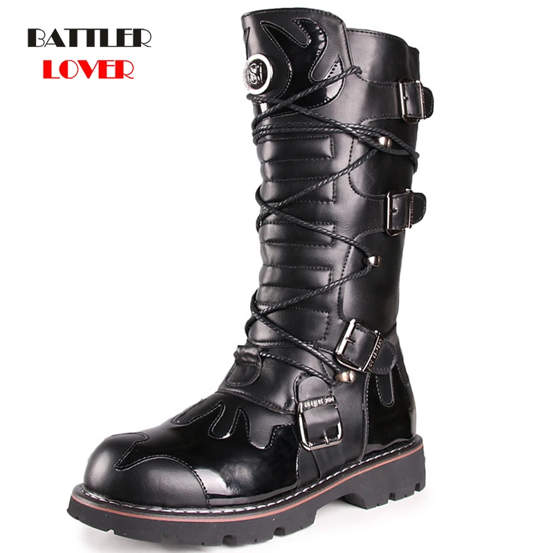 

Knee Boots Men High Quality Leather High Equestrian Motocycle Botas for Male Fashion Brand Desert Tactical Outdoor Biker Boots