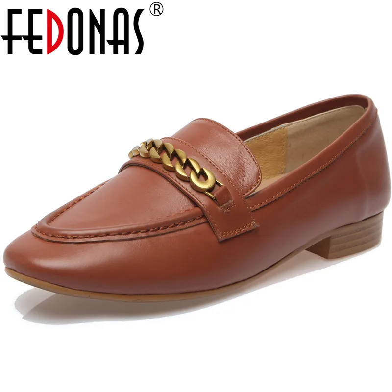 

Женские туфли-лодочки FEDONAS, коричневые туфли из натуральной кожи на толстом каблуке, с металлической отделкой, обувь для офиса, классический...