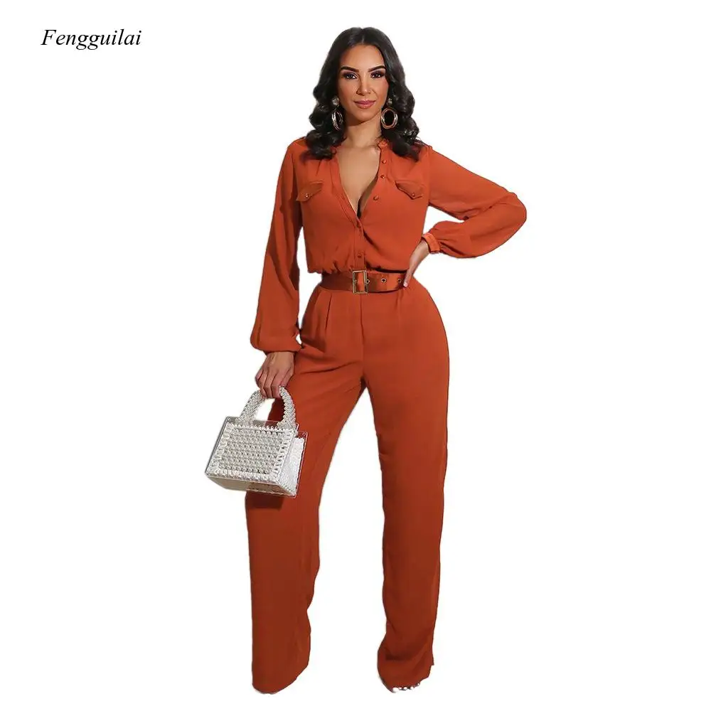 

Autumn Women Button Up Long Sleeve Jumpsuit High Streetwear Night Party Straight Rompers One Piece Overalls