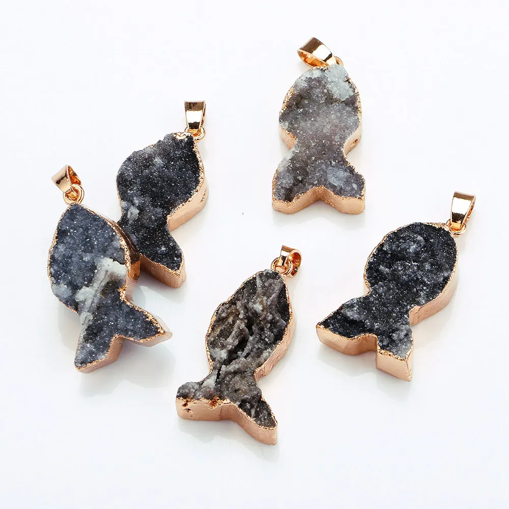 Natural Stone Crystal Bud Necklace Pendant Clustered Fish Alloy Bezel Small Used in Jewelry DIY Accessories | Украшения и