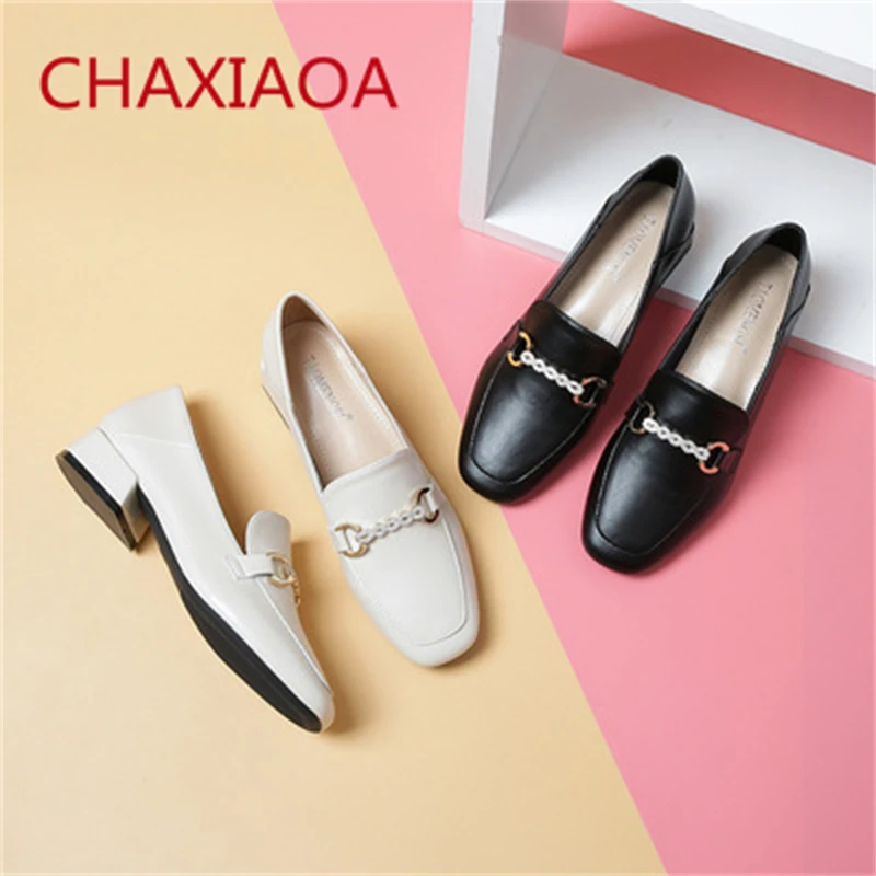 

CHAXIAOA Black White Leather Women Casual Shoes Square Toe Shallow Chunky Heel Slip On Ladies Loafer 2021 Spring Female Footwear