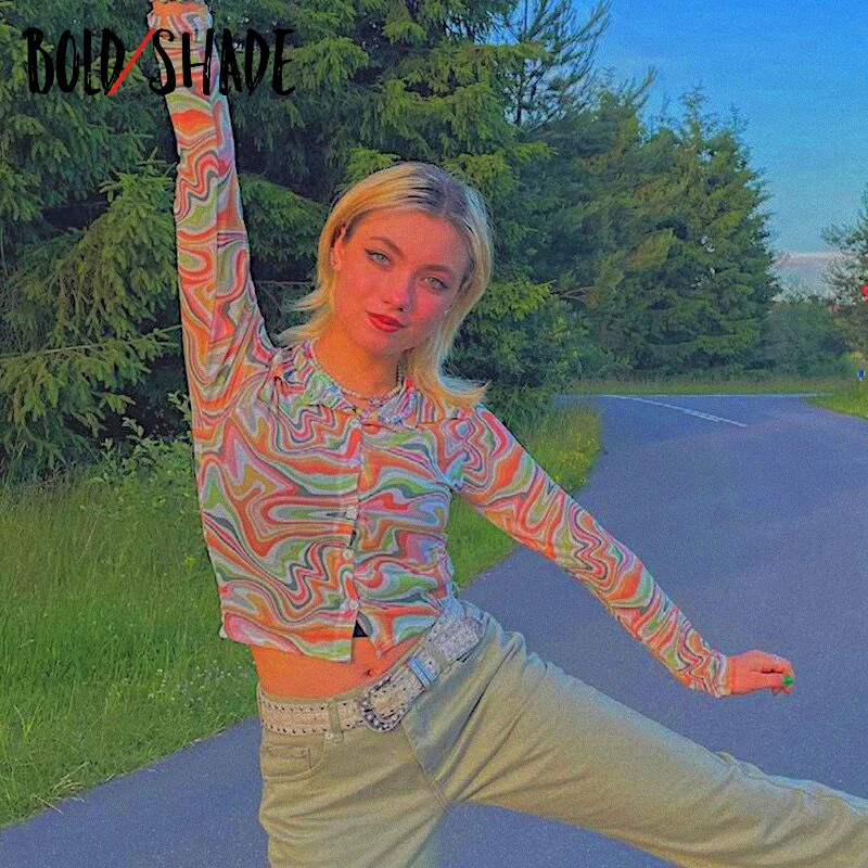 

Bold Shade 2000s Aesthetic Y2K Baby Tee Button Ripple Print Long Sleeve Women Indie Blouses Navel Mesh 90s Style Streetwear Tops
