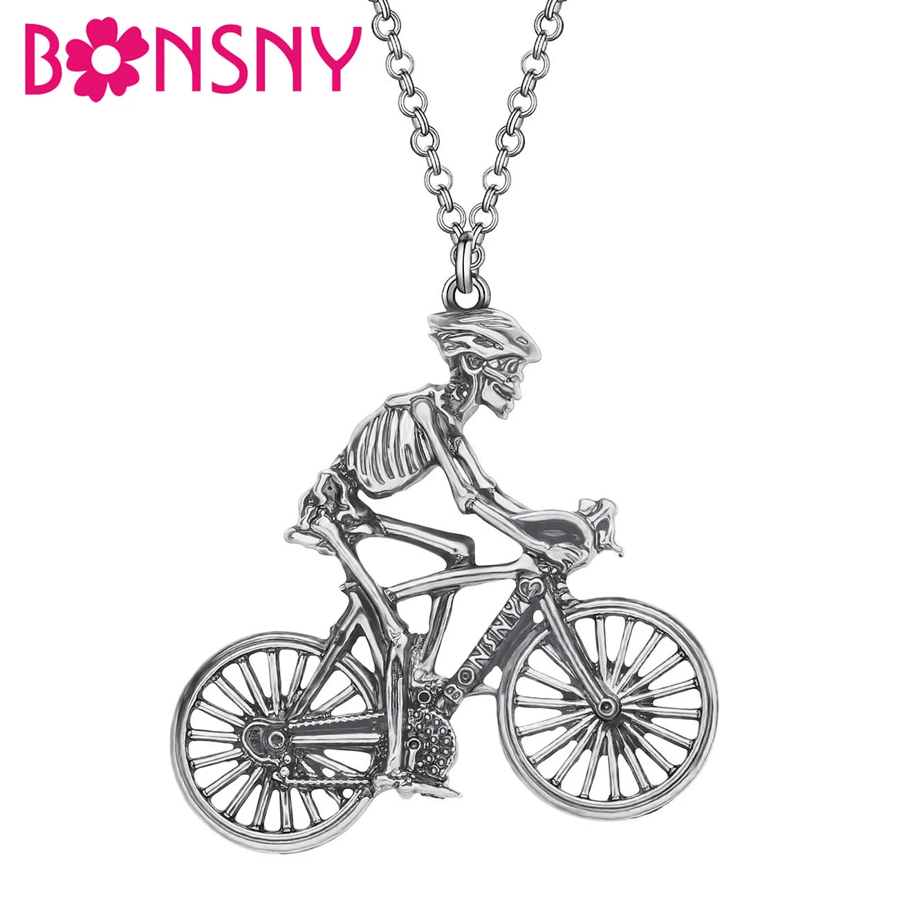 Bonsny Halloween Alloy Antique Gold Plated Skull Bicycle Necklace Bike Skeleton Pendant Jewelry For Women Girls Kid Classic Gift