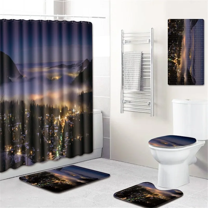 

Night Scene Non-Slip Floor Mat Bath Mat Toilet Cover Foot Mat Bathtub Mat Waterproof Shower Curtain Bathroom Five-Piece Carpet