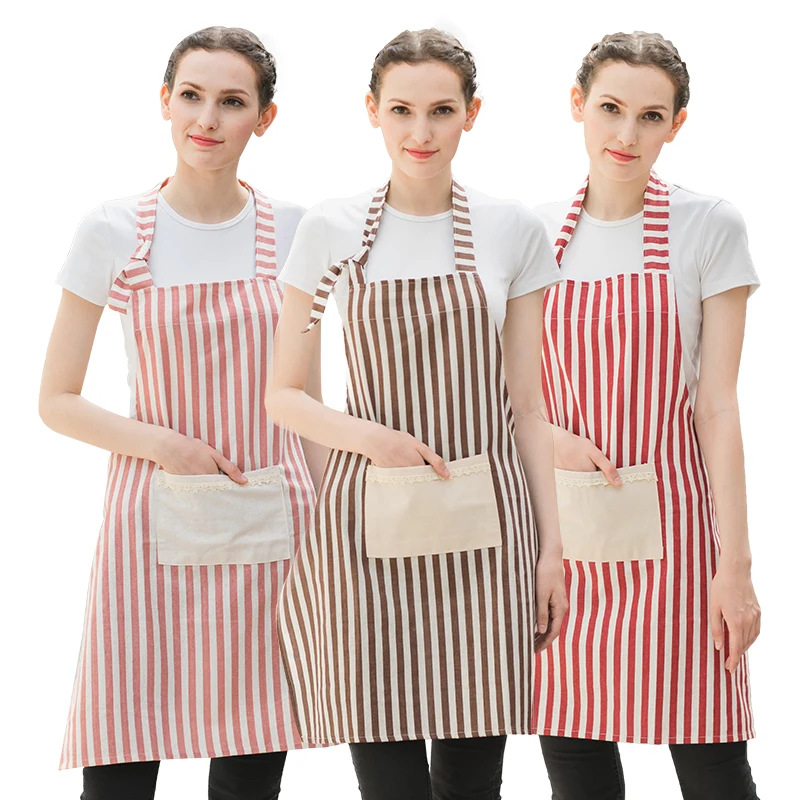 

Cotton Apron Sleeveless Neck Adjustable Striped Kitchen Apron Pinafore Coffee Milk Tea Shop Overalls