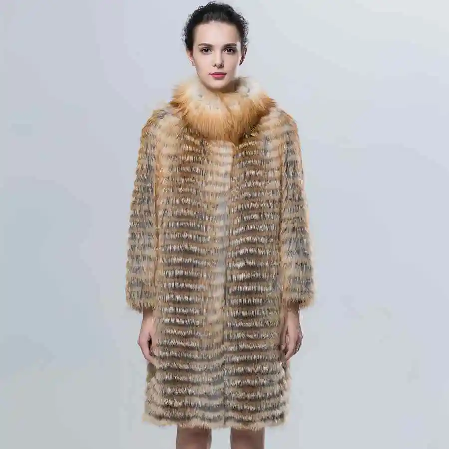 ZIRUNKING женские шубы из натурального меха серебристой лисы, модная меховая куртка, пальто в полоску, женская верхняя одежда из меха лисы, ZCW-02YL - Цвет: Золотой