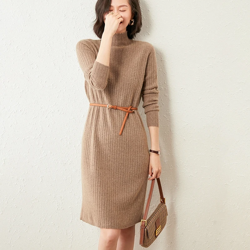 

Hot Sale 100% Cashmere Knitted Dress for Women New Arrival Spring Winter/ Autumn O-Neck Female Dresses Long Style 4Colors Jumper