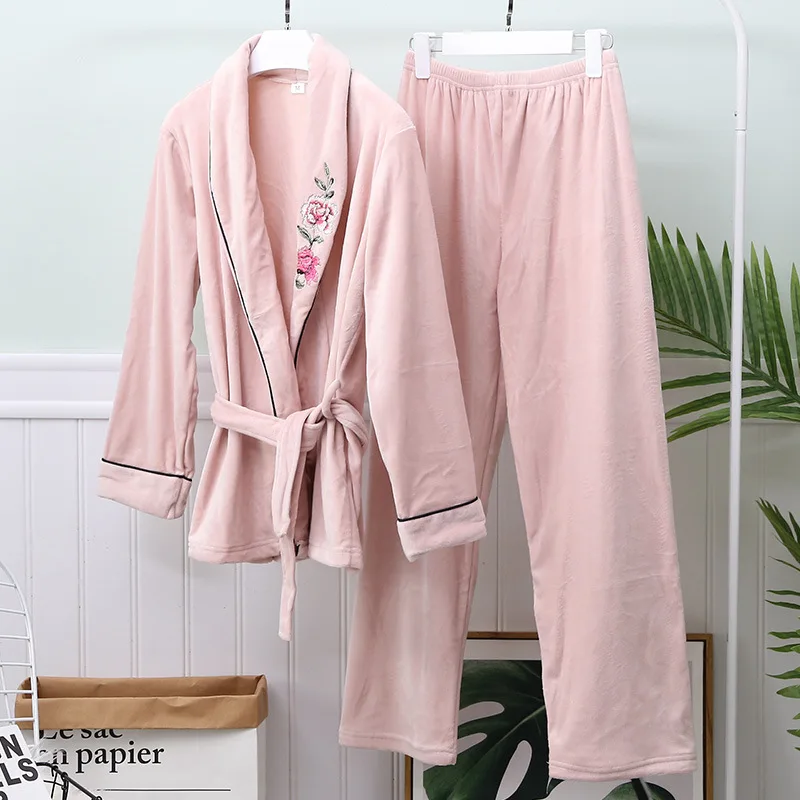 

Two Pieces Set Flannel Winter Pajamas Women Long Sleeve Kimono Long Pants Pyjamas Women Sleepwear Ladies Nightwear Home Clothes