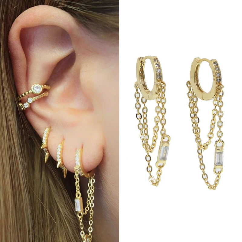 

3 Colors Tassel Chain Dangle Earring Rhinestone Baguette Small Circles For Women Wedding Dainty Jewelry