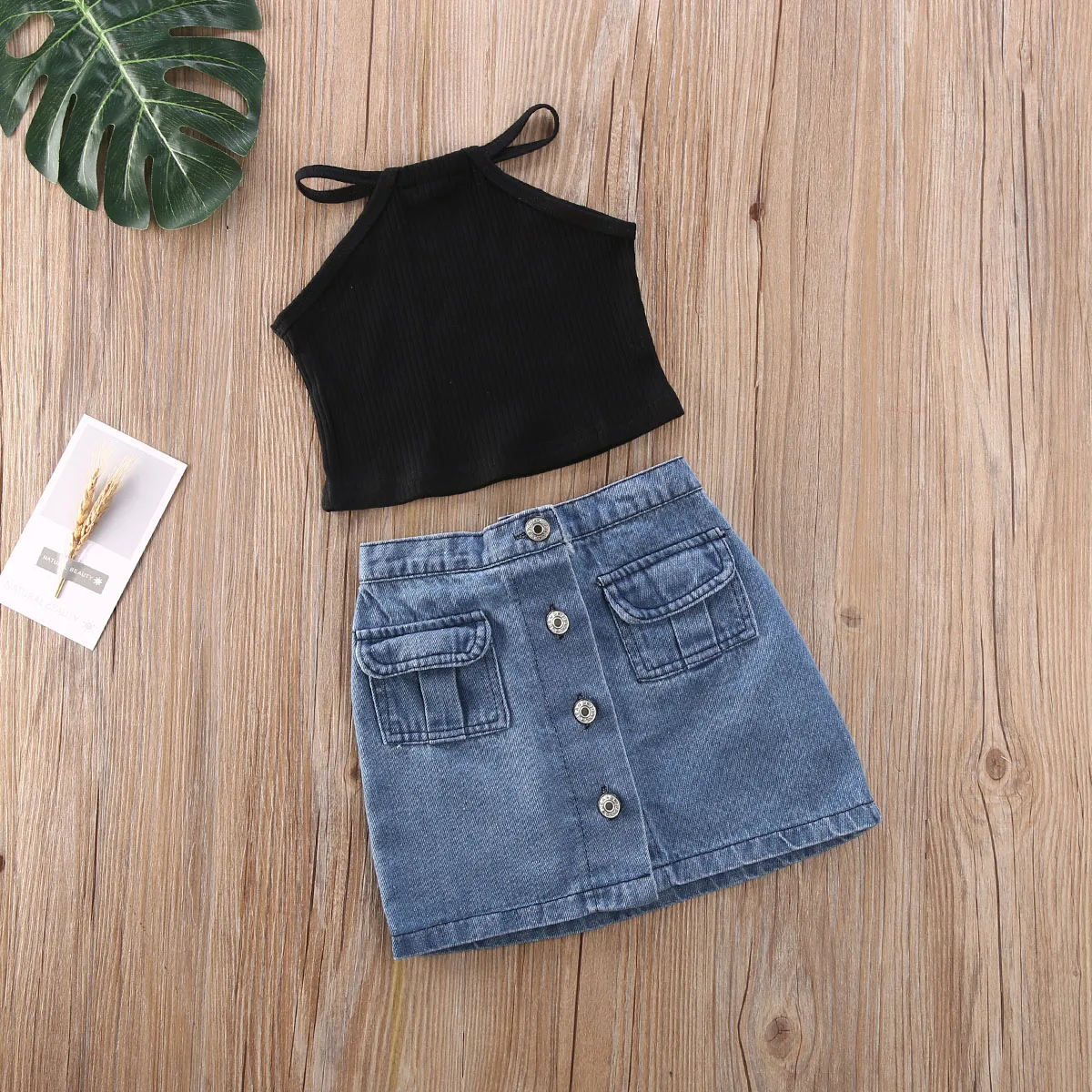 

Pudcoco Toddler Baby Girl Clothes Solid Color Knitted Cotton Sleeveless Knitted Cotton Tops Button Denim Skirt 2Pcs Outfits Set