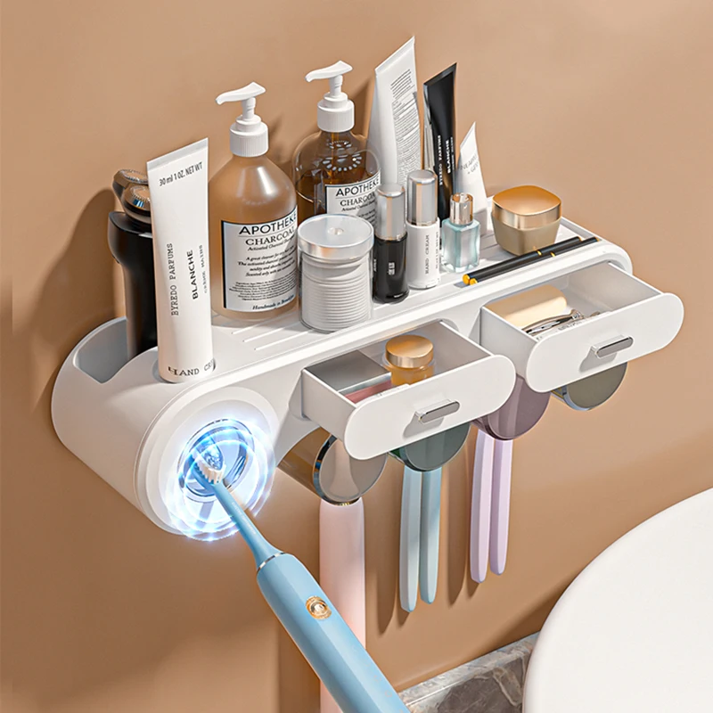 

Toothbrush Holder For Bathroom Automatic Toothpaste Squeezer Wall With Cup Storage Rack Organizer Bathroom Accessories home new