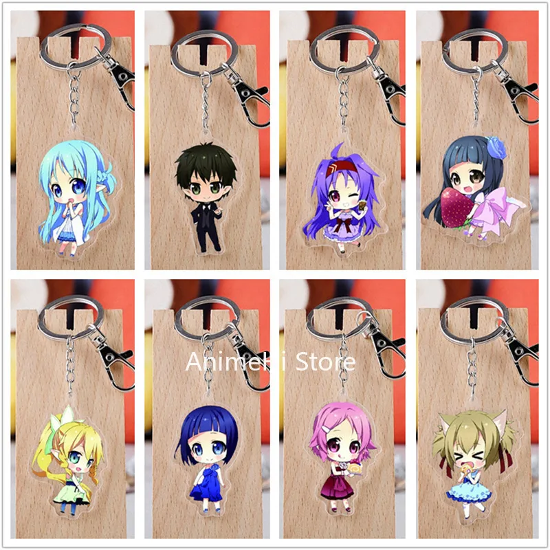 

20 pcs/lot Sword Art Online Acrylic Keychain Toy SAO Figure Yuuki Asuna Bag Pendant Key Ring Gifts