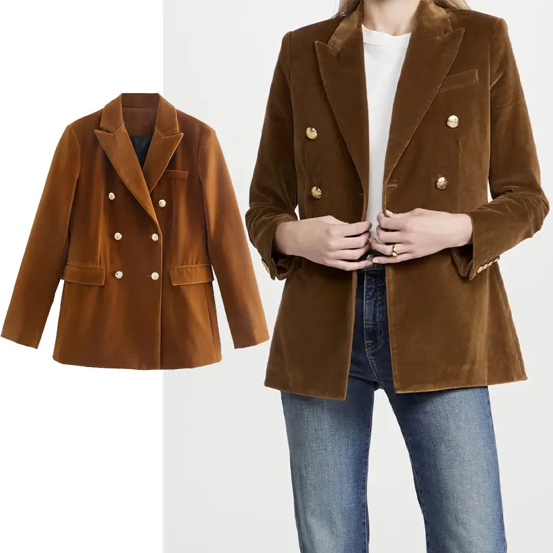 

Женский бархатный двубортный Блейзер Za, винтажный офисный пиджак с длинным рукавом, верхняя одежда, осень 2021