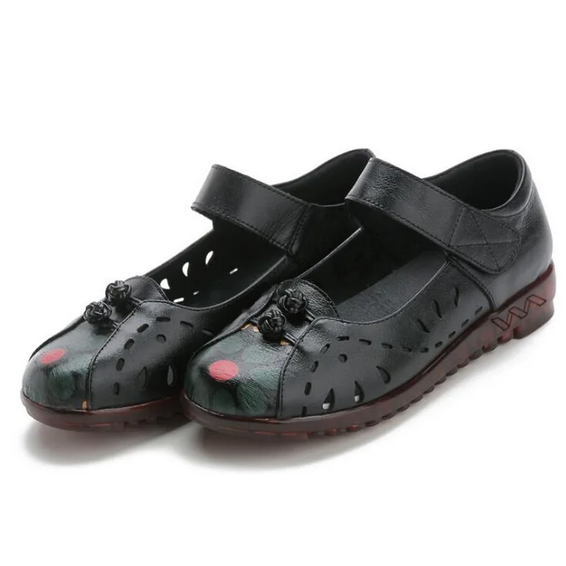RUSHIMAN 2021 Summer Genuine Leather Breathable Soft Bottom Mother Shoes Retro Handmade Hollow Out Flat Shoes Zapatos Mujer