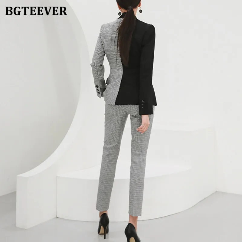 

BGTEEVER Elegant Patchwork Women Pant Suits Slim Houndstooth Jacket & High Waist Trousers Vintage Female Blazer Set 2020 Autumn