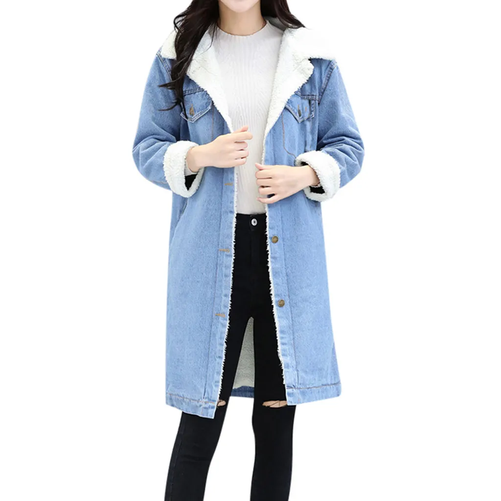 Sky Blue Теплые куртки для женщин; большие размеры; зимняя синяя джинсовая утепленная куртка; флисовая джинсовая куртка в стиле панк; Длинная Верхняя одежда; Джинсовая куртка с мехом - Цвет: Sky Blue