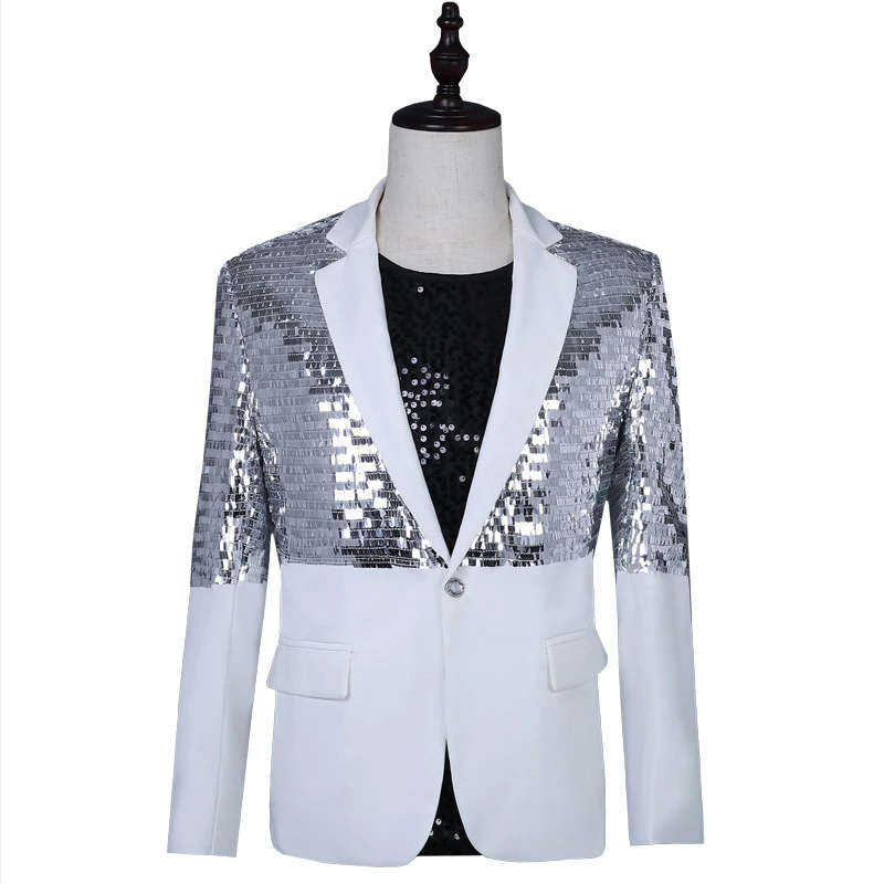 

Punk Style Men Sequins Blazer Patchwork Coat for Performance Casual Jacket Fashion Male Nightclub Stage Costume