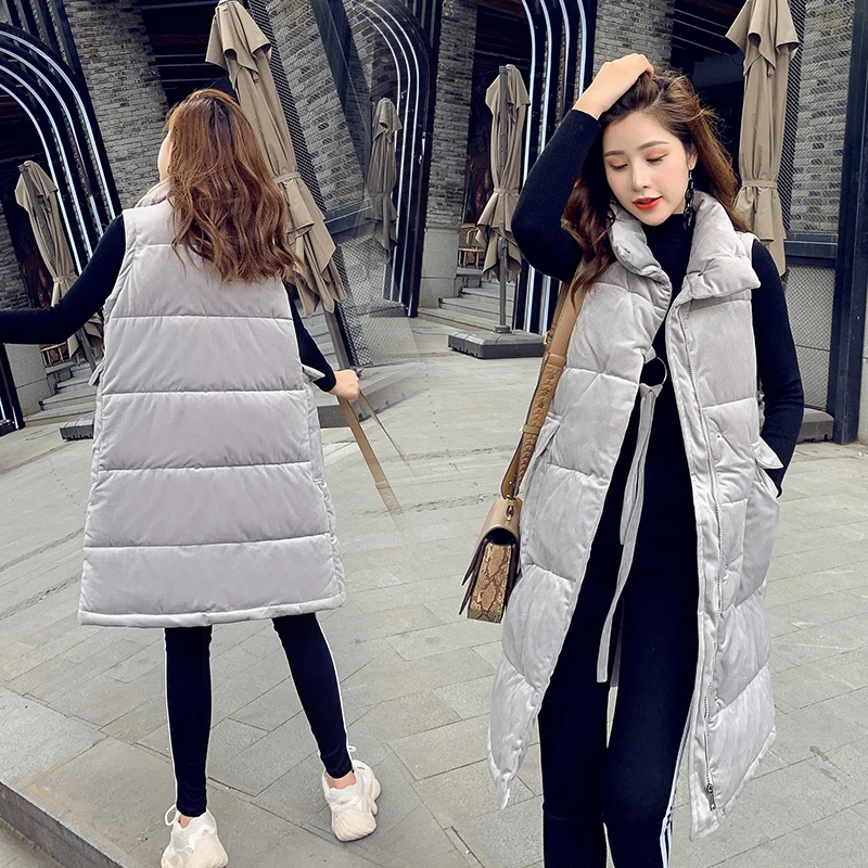 Зимний Золотой бархатный Длинный жилет Женский Повседневный теплый осенний с