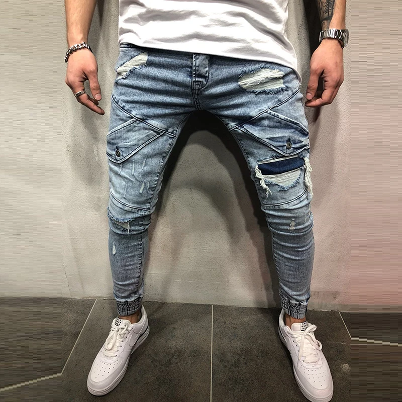 

New Foreign Trade Men's Slim Jeans, Black Hole Men's Jeans Blue Leggings