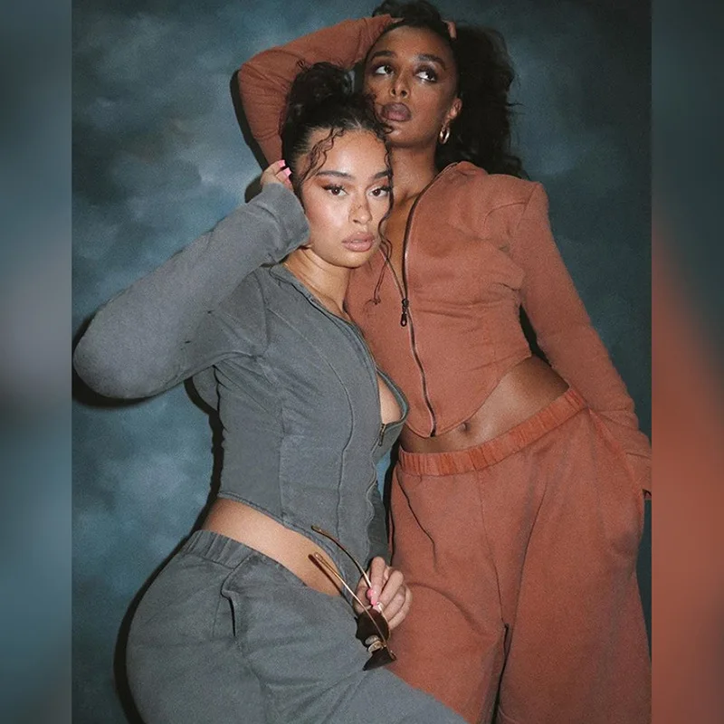 

women Fashion Sets Long Sleeve Bodycon Women Matching Sets Zipper Hooded Workout Active Wear 2 Piece Outfits Set Hot Sale