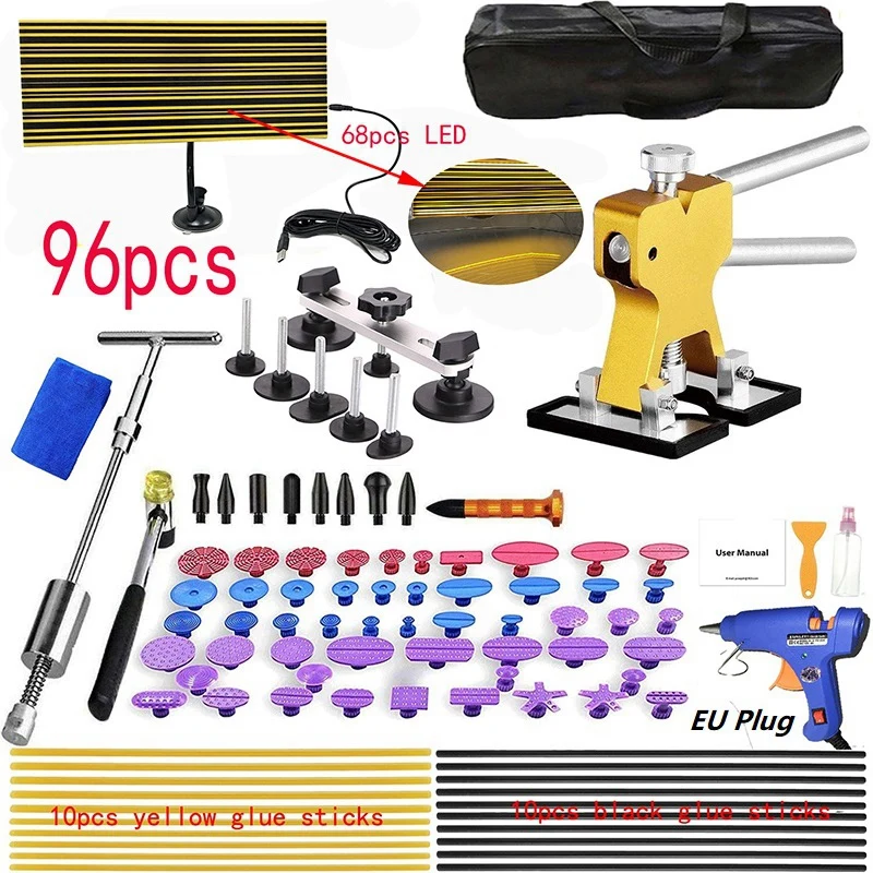 

96PCS USB LED Car Dent Checking Board EU Plug Glue-Gun Paintless Dent Repair Tool Dent Removal Tool Kit EU Plug