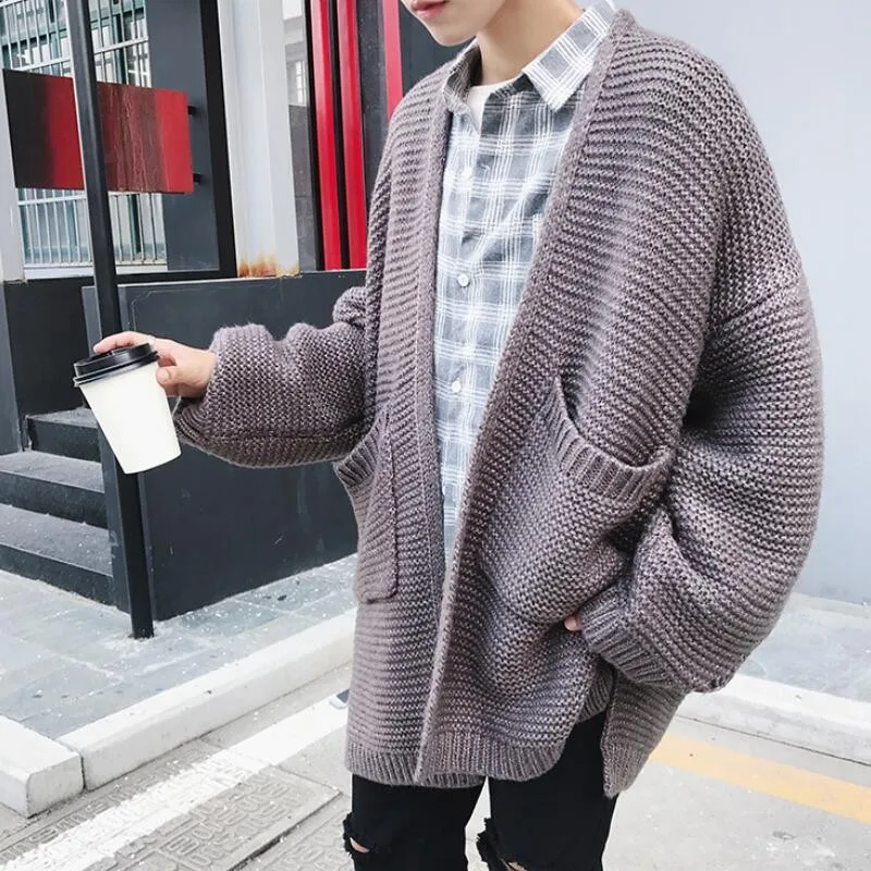 

Fashion Oversized Mens Knitted Sweater Preppy Boy Outwear Coat Loose Fit Personality Casual Male Cardigan Jaqueta Masculino