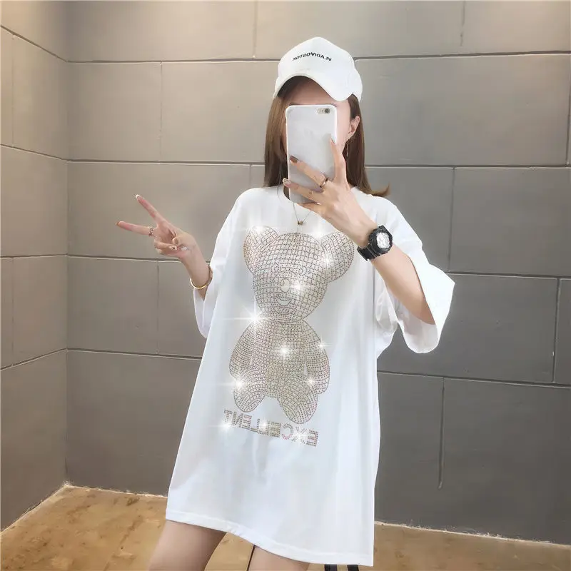 

Top T- shirt women's 2021 Summer Women 's Hot Rhinestone Loose Short-Sleeved Cotton T-shirt Female plus Size T-shirt