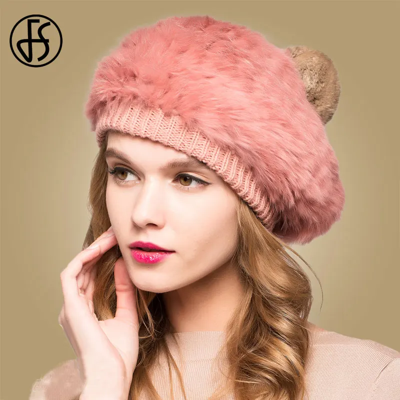 Женский шерстяной вязаный берет FS теплая шапка с помпоном из кроличьего меха