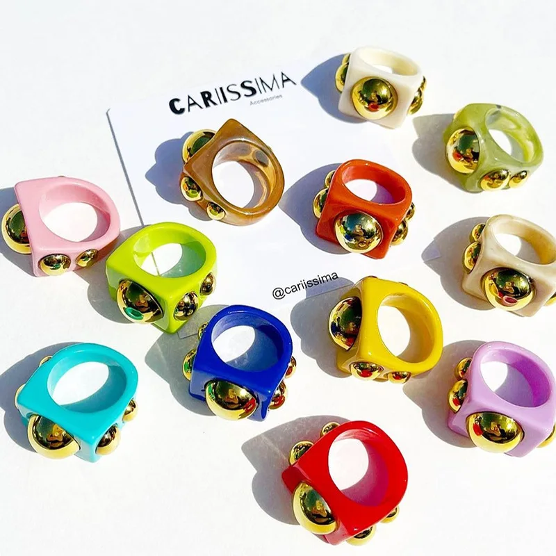

2021 New Colourful Transparent Resin Acrylic Rhinestone Geometric Square Round Rings Set for Women Jewelry Travel Gifts