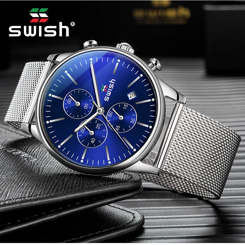 Мужские водонепроницаемые кварцевые часы из нержавеющей стали в стиле