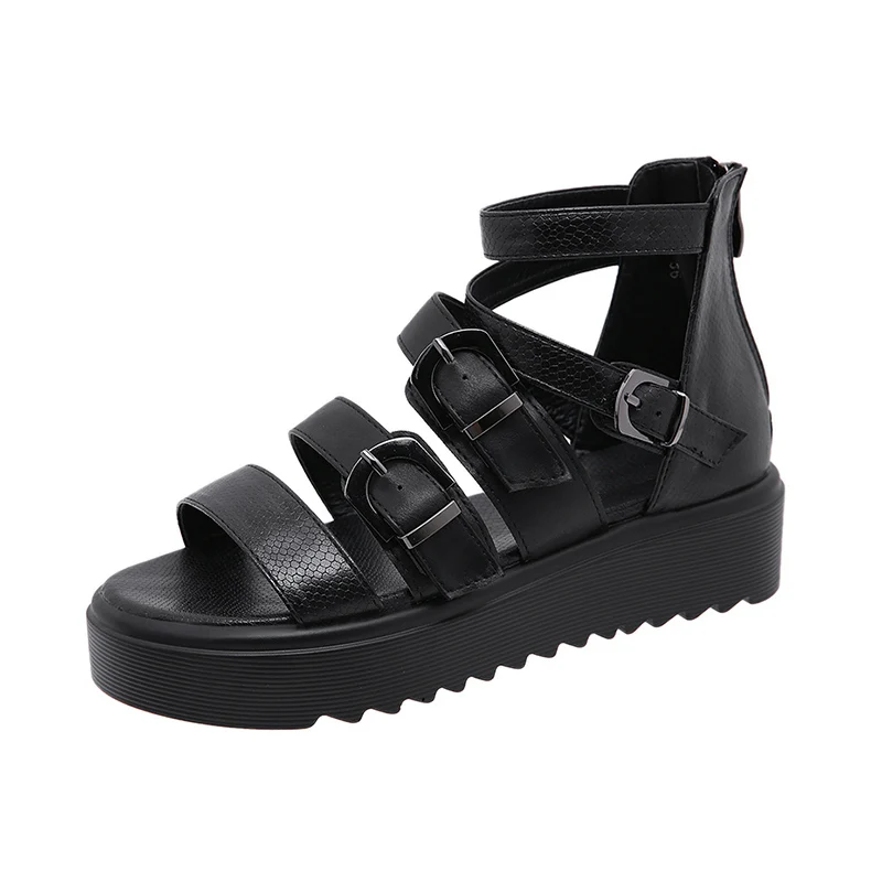 

Black Open Toe Sandals Women Thick Bottom Rome Style Ladies Sandals Platform Heel 2020 New Summer European Retro Casual