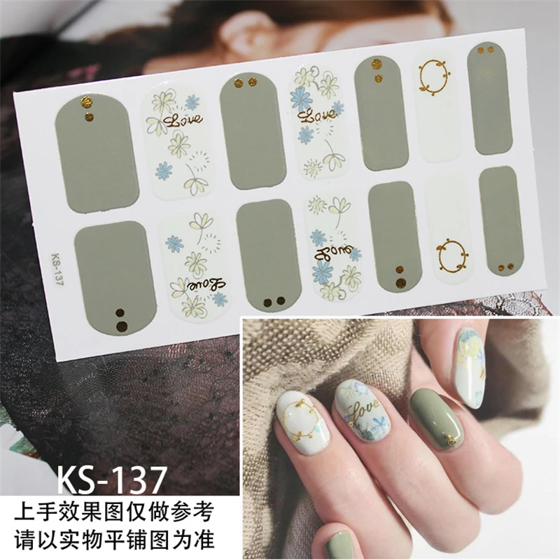 Наклейка для ногтей с полным покрытием цветочным узором и линиями