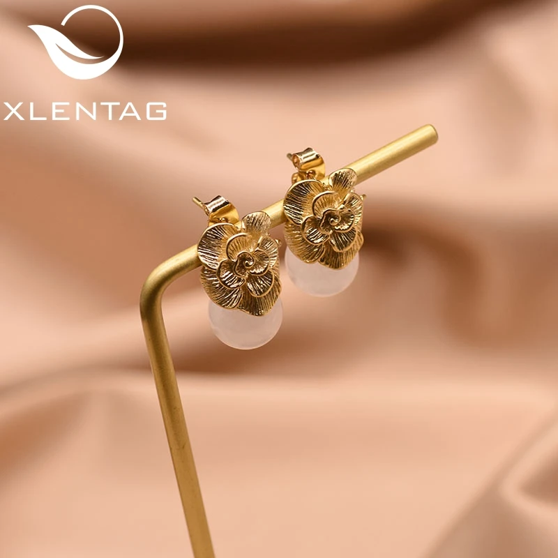 XlentAg 925 пробы серебряные серьги-гвоздики натуральный розовый круглый Кристалл Висячие серьги для женщин растительный цветок серьги для помолвки GE0336