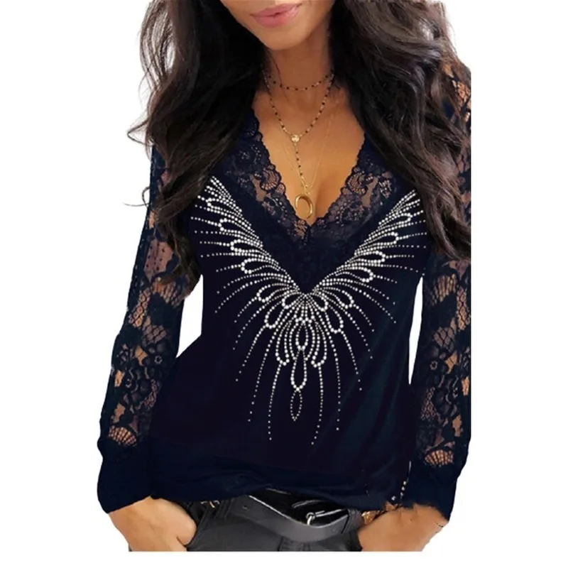 

Mandylandy Lady Sexy Long Sleeve V Neck Loose Bottoming T-shirt Women Elegant Lace Hollow Out Shirt Top