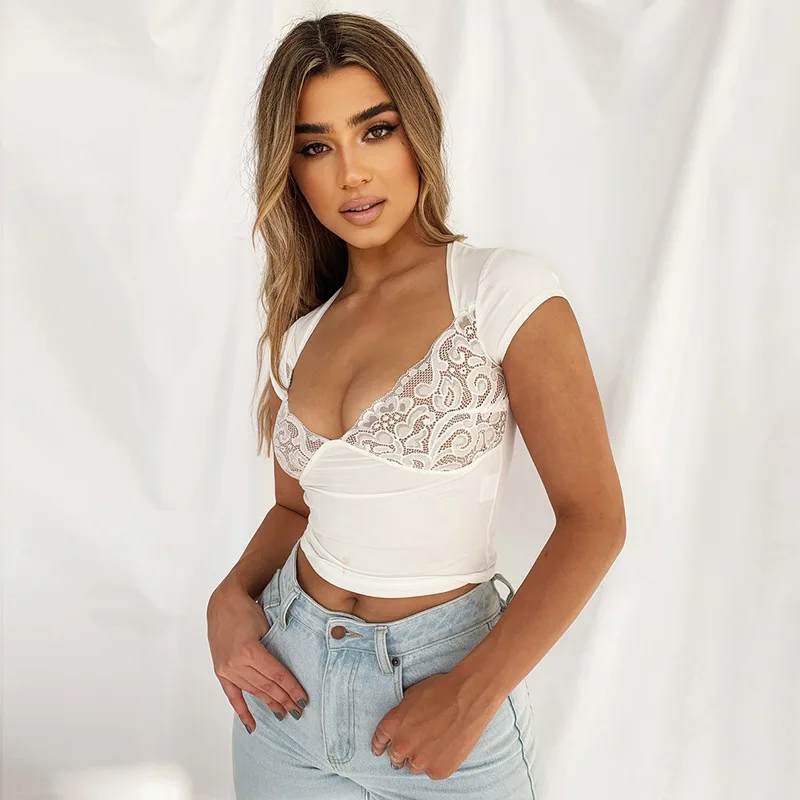 

2021 spring and summer new lace splicing short sleeve 213003p sexy V-neck lace slim vest