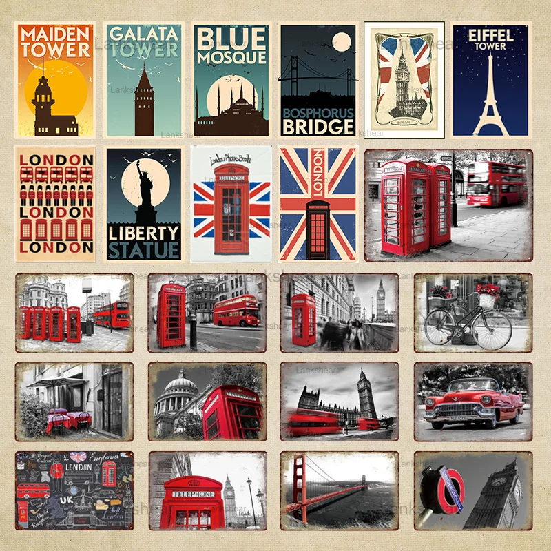 

Retro London Tower Bridge Metal Tin Sign Vintage Iron Painting Plaque Telephone Booth Car Pub Home Galata Bridge Wall Decoration