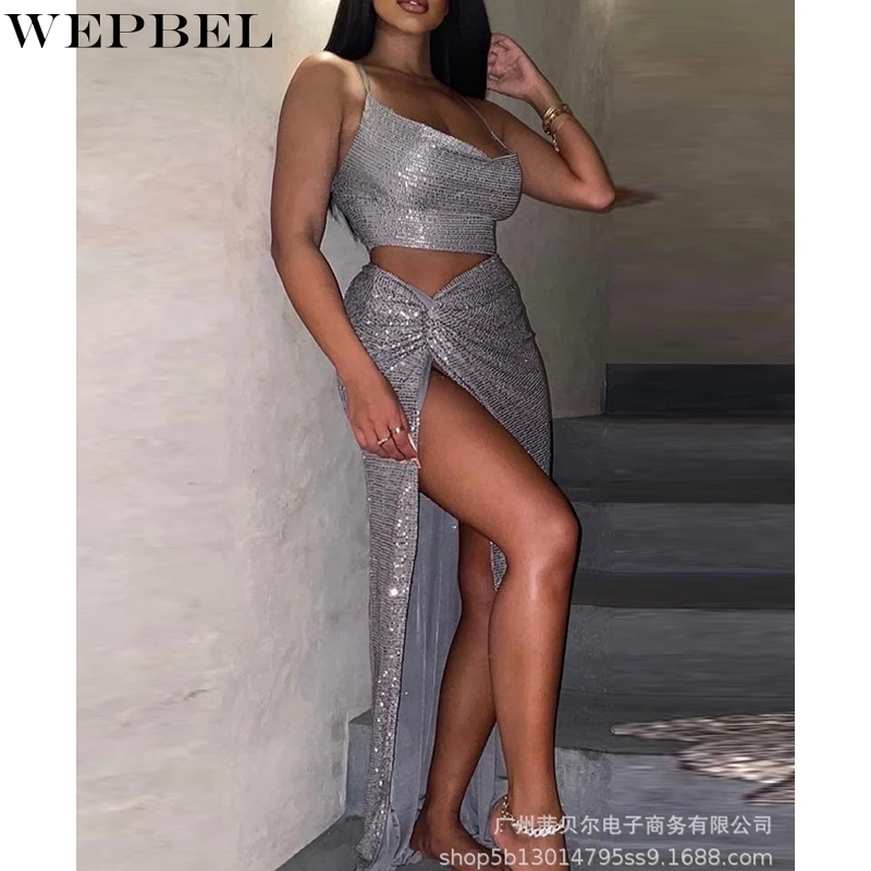

WEPBEL Women's Solid Color Sequins Slim Suit Sexy High Waist Slit Irregular Skirt Spaghetti Strap Strapless Backless Top Suit