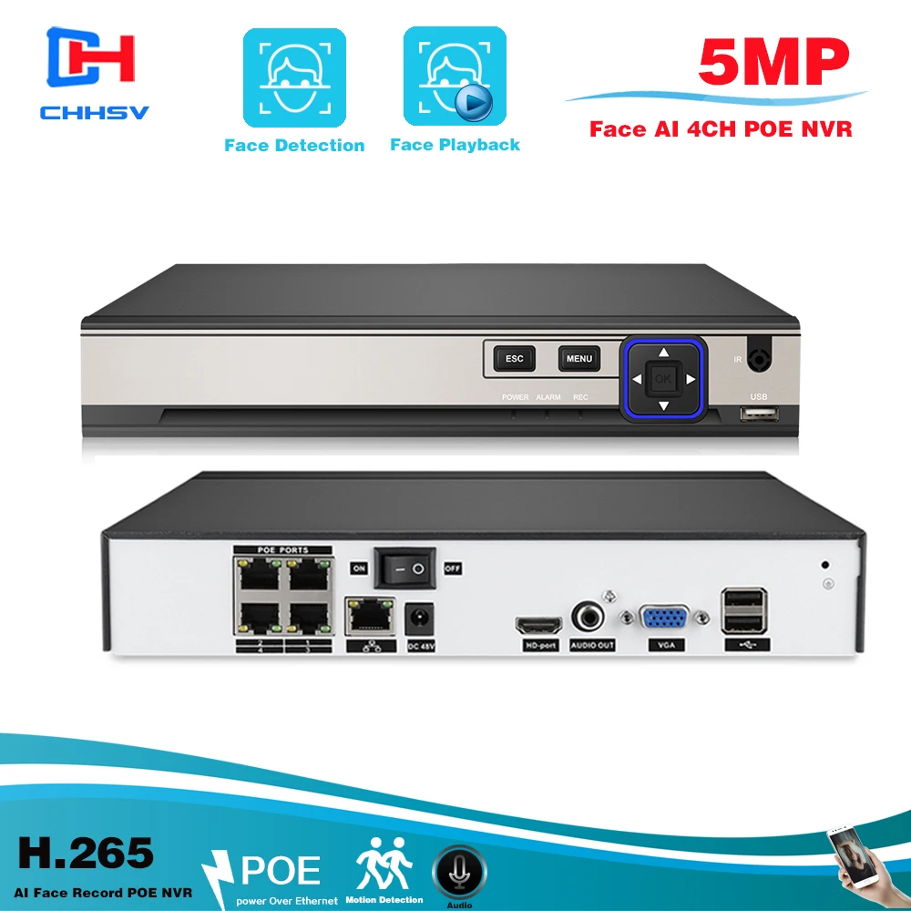 Сетевой видеорегистратор H.265 5MP NVR 4CH 5.0MP P2P ONVIF XMEye с приложением для обнаружения