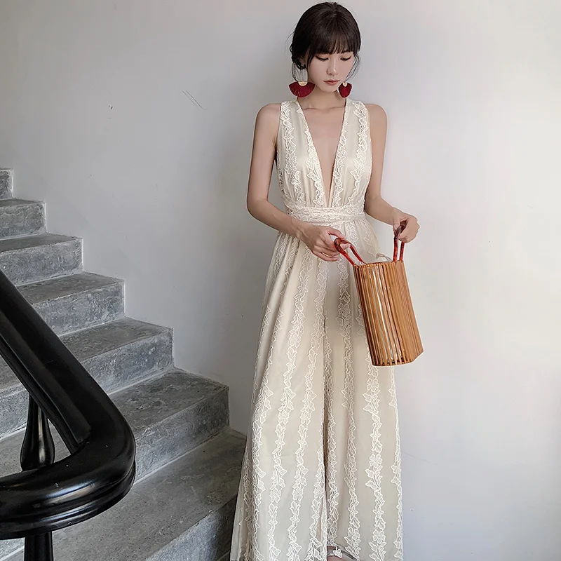 Женский Длинный комбинезон с V-образным вырезом кружевной открытой спиной и