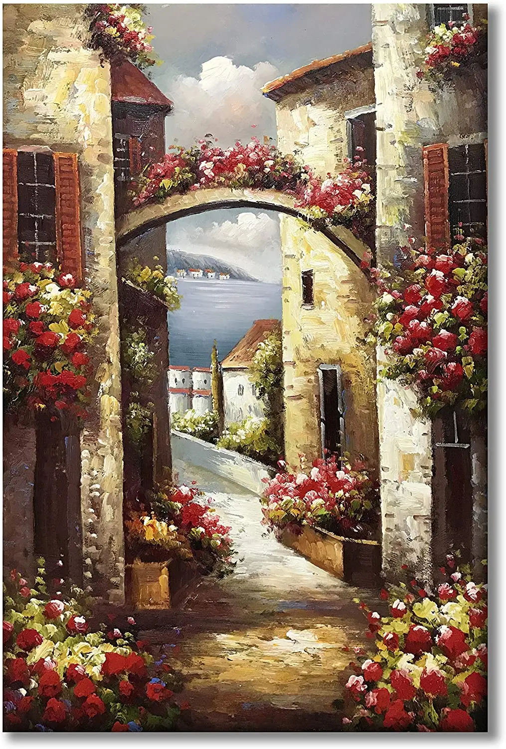 

Hand Painted Canvas Wall Art Italy Town Mediterranean Tuscany Sea Coast Flowers Oil Painting For Living Room Home Decor No Frame