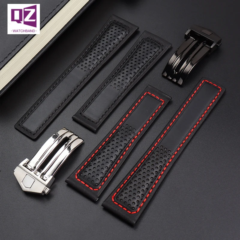 COW LEATHER Watch Strap 22mm watchband for tag heuer fiyta tissot watch band Red stitches Genuine leather bracelet High quality