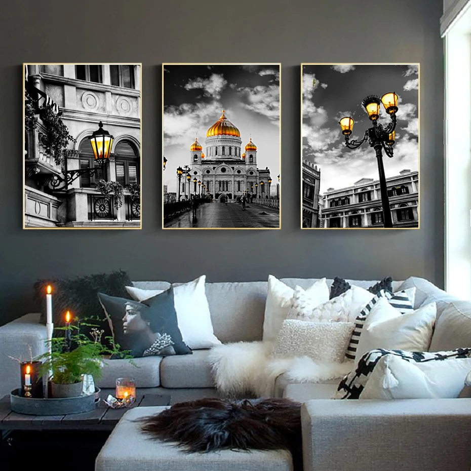 

Black and White Art Modern City Series European Castle Architecture Canvas Decorative Painting Living Room Study Art Decoration