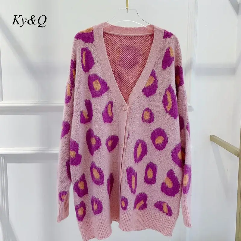 Женский вязаный свитер из мохера Lazy Wind розовый Свободный кардиган с v-образным