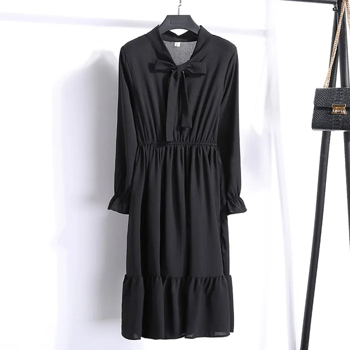 black Корейская черная рубашка Vestidos для офиса в горошек, винтажные осенние платья, Женское зимнее платье, миди платье с цветочным рисунком и длинным рукавом для женщин - Цвет: black