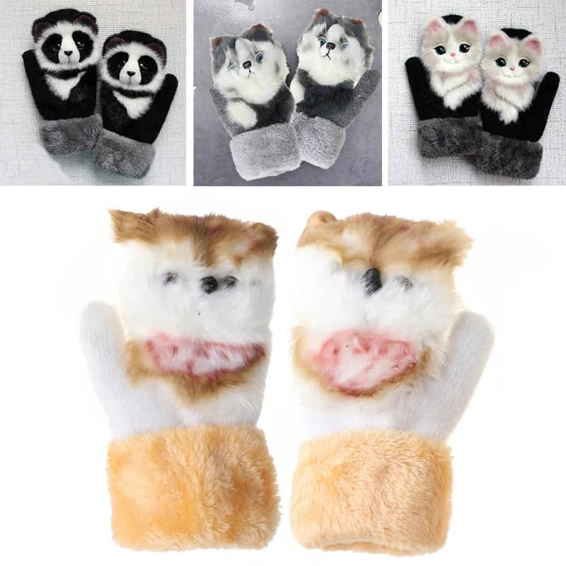 

Women Men Winter Knit Gloves Cute 3D Fluffy Cartoon Animal Decor Thickened Plush Lining Windproof Thermal Warm Mittens